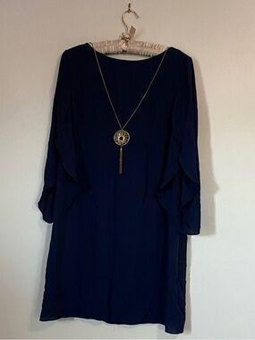 I.N. Studio Navy Blue Long Sleeve Shift Dress with Gold Pendant NWOT